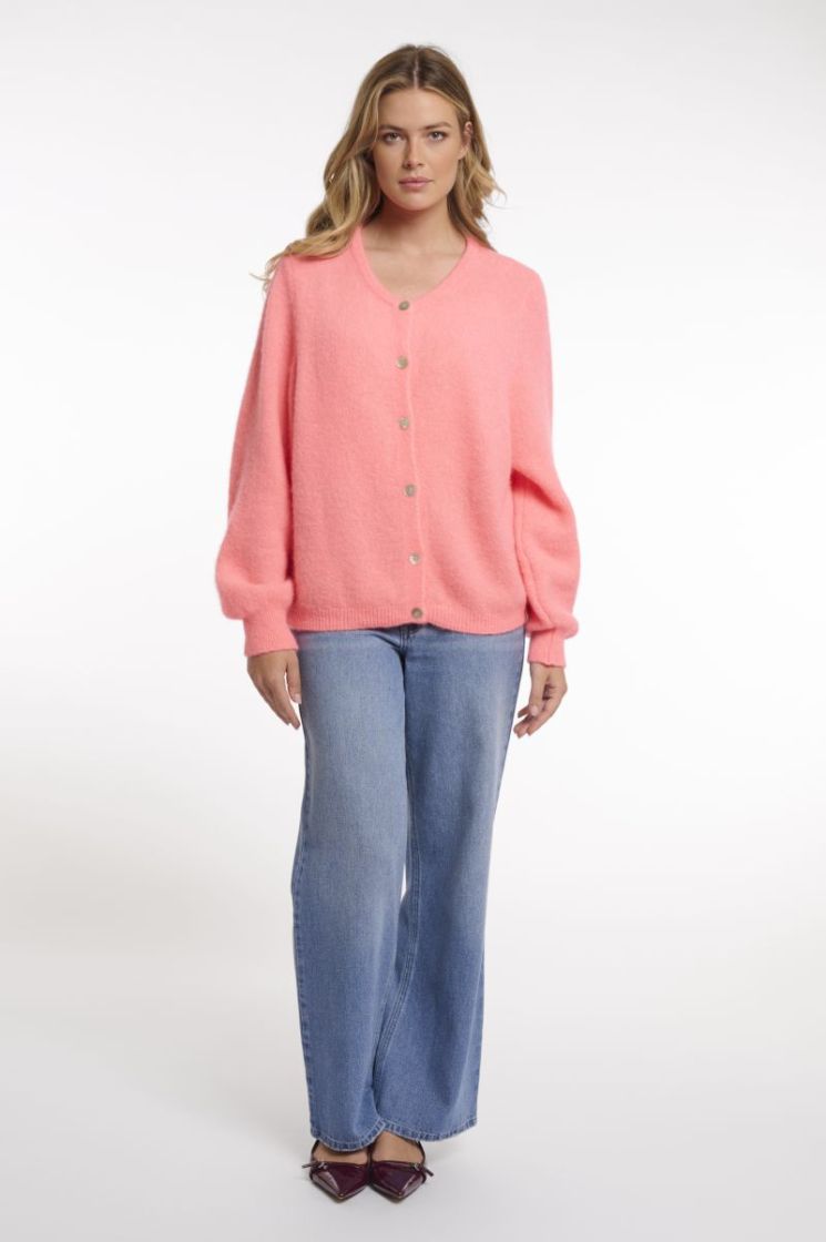 KNITTED CARDIGAN WITH BUTTON NEON CORAL