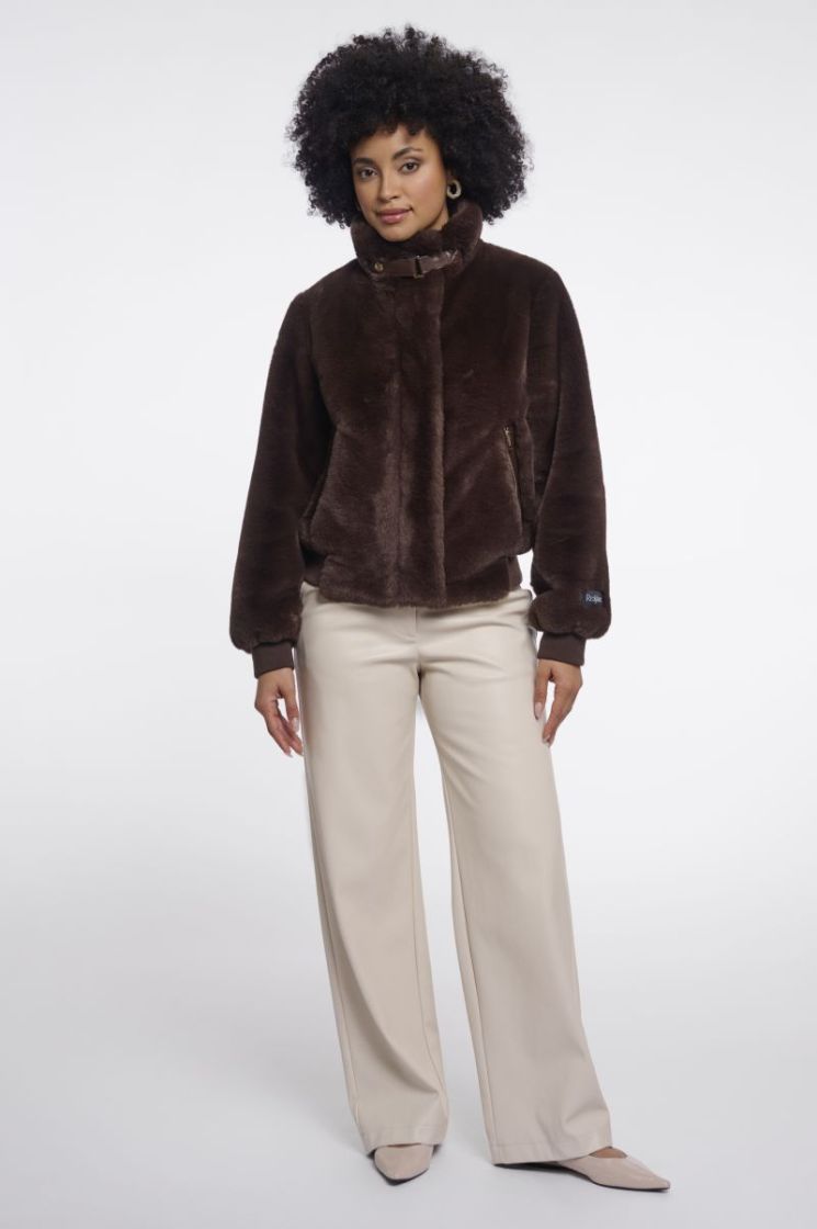 SHORT FAUX FUR COAT COFFEE ROAST