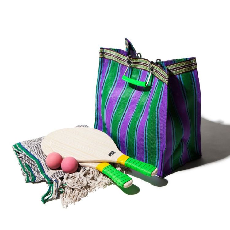 RECYCLED PLASTIC STRIPE BAG GREEN PURPLE